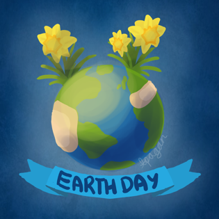 Earth day image of the earth with daffodils